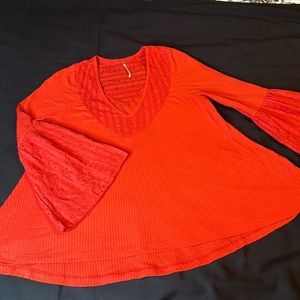 FREE PEOPLE Thermal Knit Swing Top Eyelet Lace Neck & Sleeves XS
